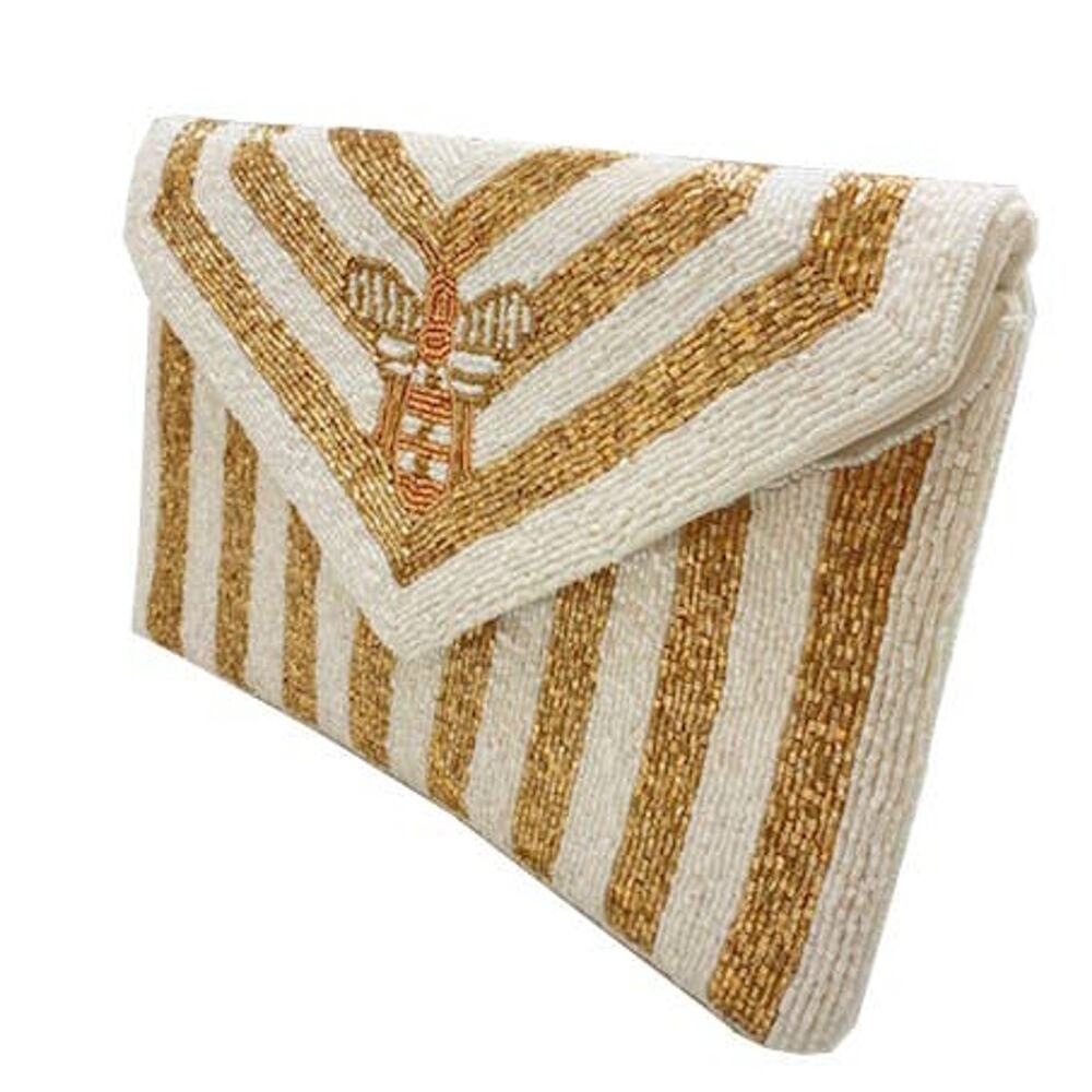 Gold & White Stripe Beaded Bee Clutch